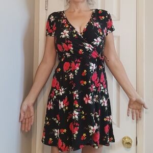 Floral Wrap Dress - Black and Red